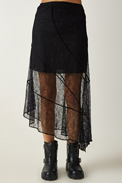Happiness İstanbul Női fekete aszimmetrikus csipke midiszoknya FF00150