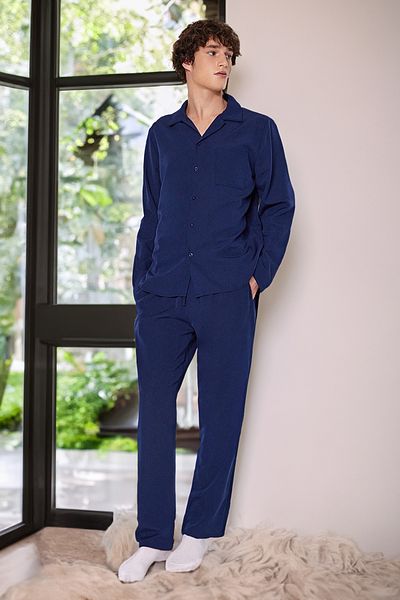 Trendyol Collection Σετ υφαντές πιτζάμες Navy Blue με κανονική εφαρμογή TMNAW24PT00057