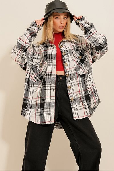 Trend Alaçatı Stili Dámské černé kostkované vzorované razítko bavlna oversize safari košile ALC-X7142