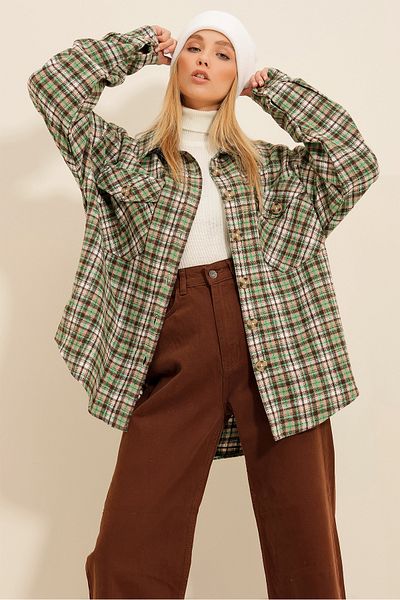 Trend Alaçatı Stili Női zöld bézs kockás mintás bélyegző pamut oversize kabát ing ALC-X7142