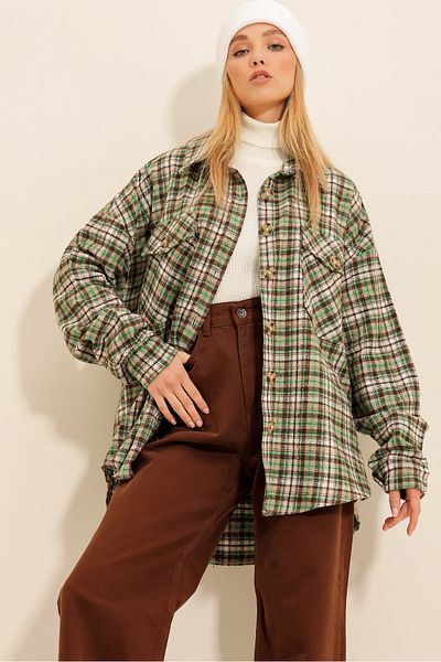 Trend Alaçatı Stili Női zöld bézs kockás mintás bélyegző pamut oversize kabát ing ALC-X7142