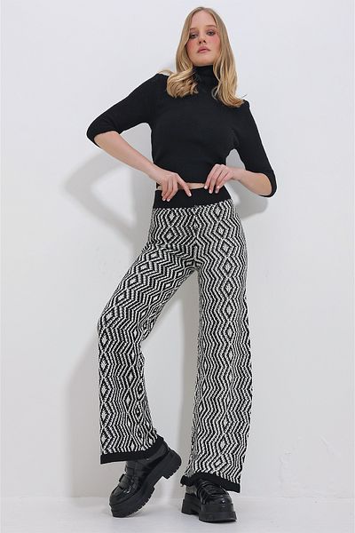 Trend Alaçatı Stili Women's Black-Cream Ethnic Patterned High Waist Knitwear Palazzo Trousers ALC-X11405