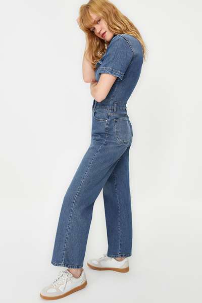 Trendyol Collection Salopetă albastră din denim cu mânecă scurtă TWOSS24TU00002