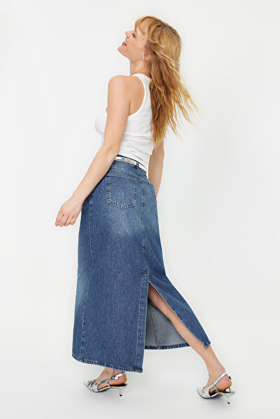 Trendyol Collection Blue Stitching Detailed High Waist Maxi Denim Skirt TWOSS24ET00009