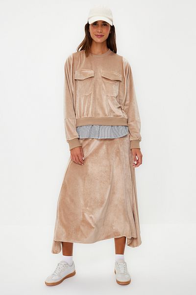 Trendyol Modest Light Brown Velvet Inside Shirt Detailed Knitted Skirt Bottom-Top Set TCTAW24US00118