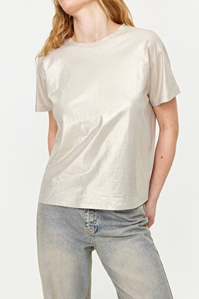 Trendyol Collection Πλεκτή μπλούζα με τυπωμένο φύλλο χρυσού κανονικό/κανονικό σχέδιο TWOSS24BZ00097