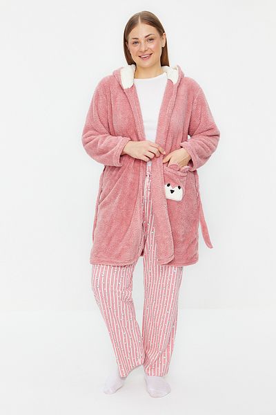 Trendyol Curve Plüschtierfigur Powder Wellsoft Gestrickter Morgenmantel mit Kapuze und Taschen – TBBAW24SB00013