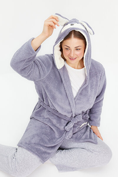 Trendyol Curve Šedý Wellsoft/plyšový pohádkový pletený župan s kapucí a kapsami TBBAW24SB00013