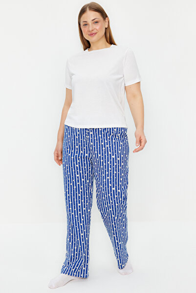 Trendyol Curve Námořnická modrá bavlněná proužkovaná a srdíčková pletená spodky na spaní Tbbaw24Ia00000