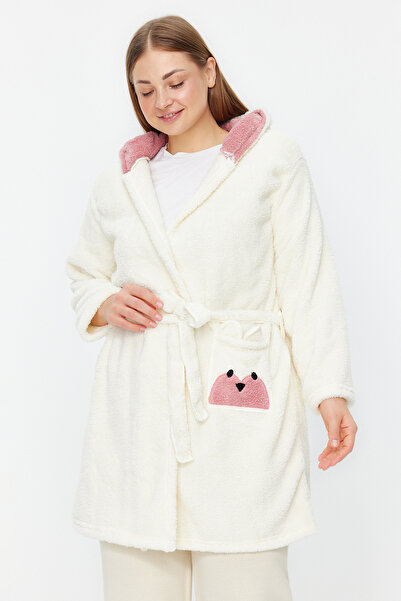 Trendyol Curve Ecru Wellsoft/Plush Animal Figured Pocket Hooded Knitted Dress...