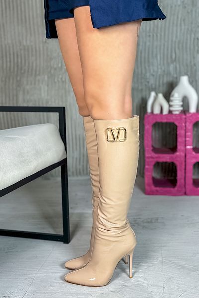 SHOEBELLAS Cizme cu toc de damă Minorka cu cataramă din piele lacuită bej