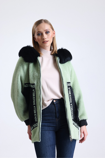 DOLCEBELLA Yakası Kürklü Kapitone Garnili Alcantara Mint Kaban