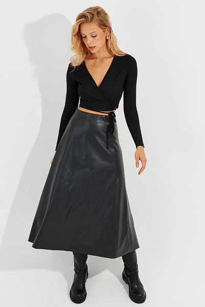 HAKKE Women's Bell Leather Midi Skirt