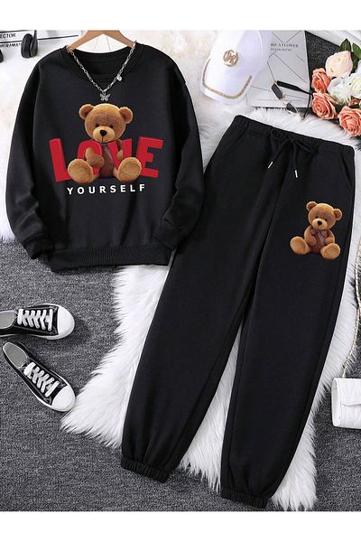 Boi Love Yourself Bear Σετ φόρμας με συνδυασμό κάτω επάνω μέρος - Μαύρο εμπριμέ λαιμόκοψη με λάστιχο