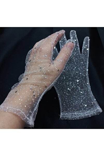 es moda shop Taara ışıltılı payetli tül eldiven beyaz