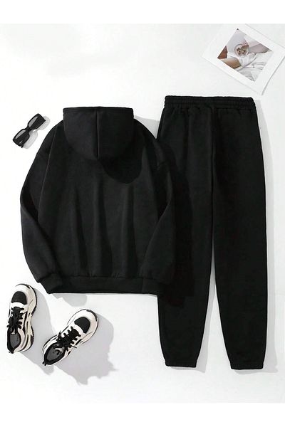 Boi Σετ αθλητική φόρμα Little Things Combination Bottom Top - Μαύρη εμπριμέ μεγάλη λαστιχένια κουκούλα