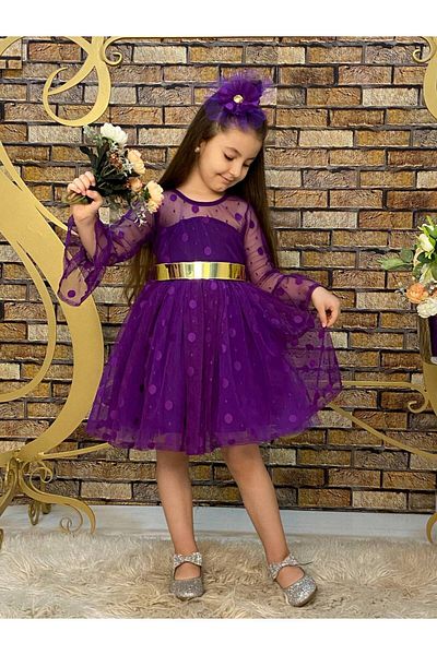 defada purple polka dot lace children's evening dress with belt and buckle