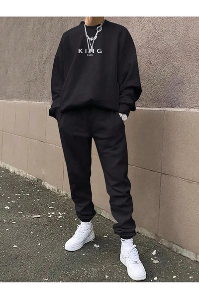 Boi Σετ αθλητική φόρμα King Paris Black Printed Oversize - Crew Neck, Ελαστικό πόδι