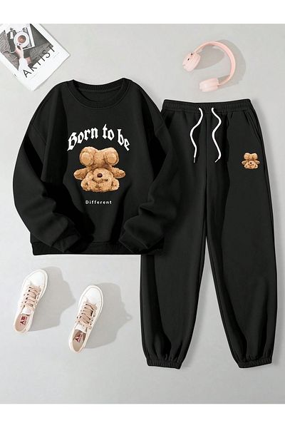 Boi Σετ αθλητική φόρμα Born To Be Bear Combination Bottom Top - Μαύρο εμπριμέ λαιμόκοψη με λάστιχο