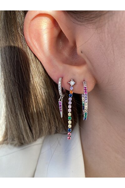 Pinery Jewels Büyük Halka Renkli Taşlı Sallantılı 3'lü Küpe Seti