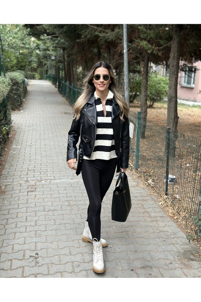 Dünya Butik Siyah Beyaz Çizgili Triko