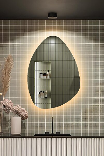 Fawdecor Led Işıklı Asimetrik Üçgen Model Dekoratif Duvar Aynası, Modern Eşsi...