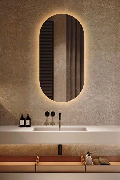 Fawdecor Led Işıklı Oval/Kapsül Model Dekoratif Duvar Aynası, Modern Eşsiz Ay...