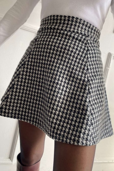 TrendNera تنورة نسائية قصيرة بنمط Houndstooth