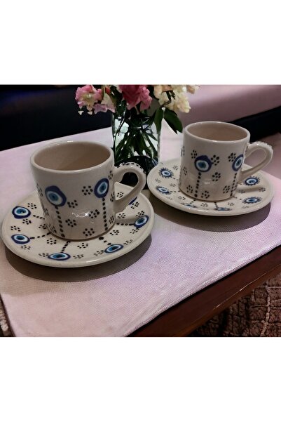 Buğra Çini Nazar Boncuğu El Yapımı Türk Kahvesi - Espresso 2' li Fincan Seti