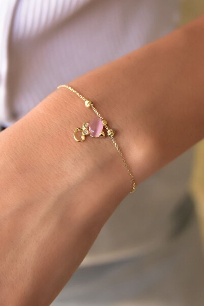 Sinsirella 925 Ayar Gümüş Altın Kaplama Dorika Toplu Ay Taşlı Kedi Bileklik