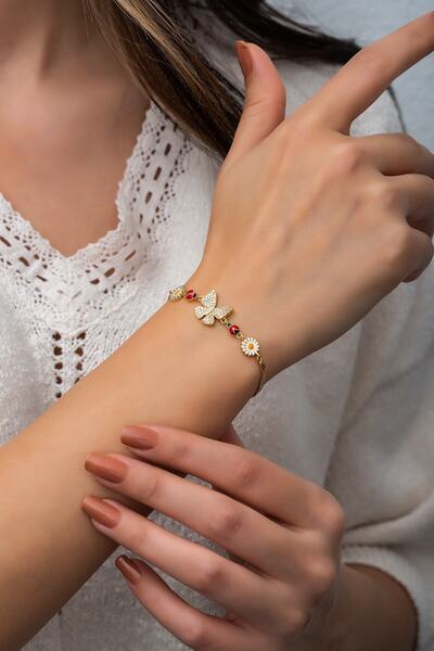 Sinsirella Kelebek Papatya Uğur Böceği Renkli Mineli 14 Ayar Altın Kaplama 92...