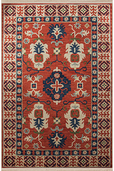Rugs Modern Halı Turuncu Mavi Temalı Etnik Çiçek Geleneksel Motif Desenli Vin...