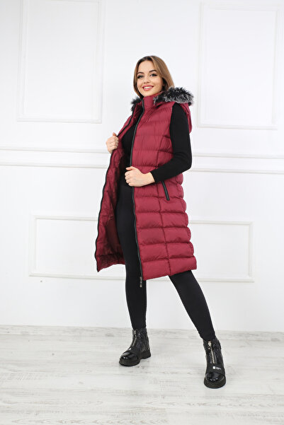 S&V TEKSTİL Women's Burgundy Trend Long Vest Coat
