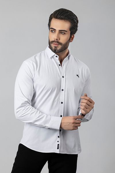 Polo Air Men's Long Sleeve Shirt Slimfit Lycra Fabric Pa-179 Navy Blue Logo Button White Color