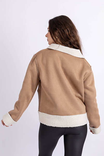 FV Γούνινο παλτό με κουμπιά με γιακά, βελούδινο, Μαν-Λευκό