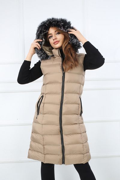 S&V TEKSTİL Women's Beige Color Trend Long Vest Coat
