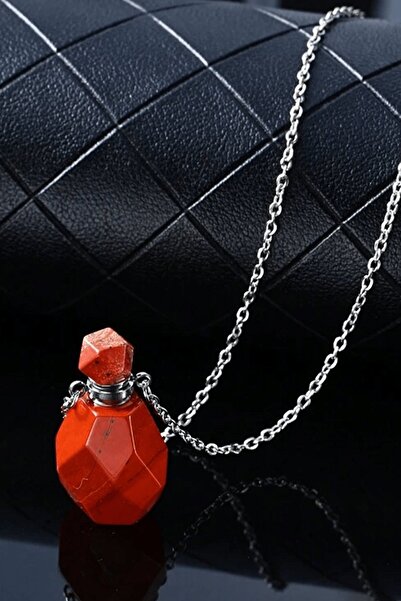Tesbih Atölyesi Red Jasper Stone Bottle Necklace - Perfume with Silver Attachment