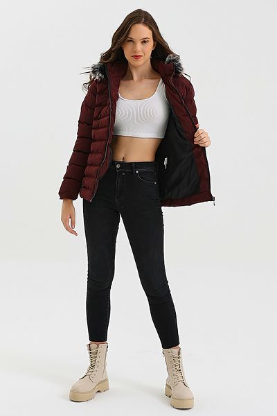 S&V TEKSTİL Women's Burgundy Short Trend Coat Coat Parka
