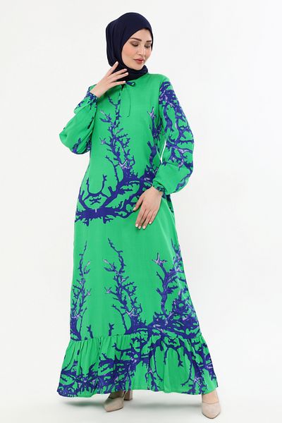ÇIKRIKÇI TEKSTİL ŞİLE BEZİ VISKOSE LONG SLEEVE DRESS SUMMER TRIL TRIL GREEN