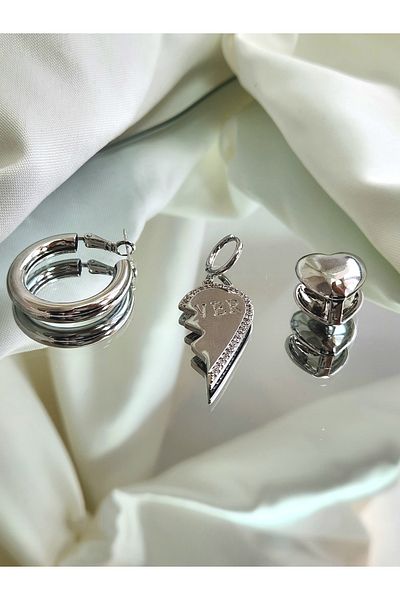 Eva Takı Set of 3 Hoop Heart Chubby Silver Silver Color Steel Earrings