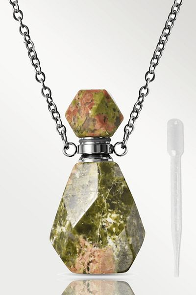 Tesbih Atölyesi Unakite Stone Necklace with Certified Perfume Bottle Design - Silver Apparatus