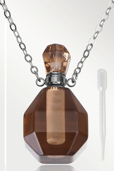 Tesbih Atölyesi Smoky Quartz Stone Necklace with Certified Perfume Bottle Design - Silver Apparatus
