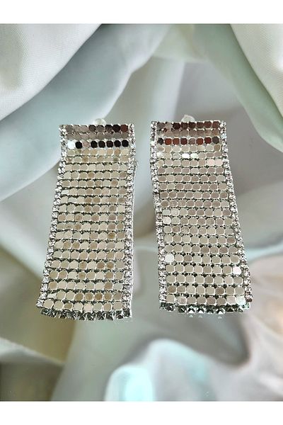 Eva Takı Barley Sequin Stoned Silver Silver Color Earrings