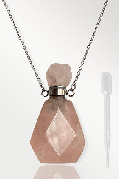 Tesbih Atölyesi Certified Perfume Bottle Designed Pink Quartz Stone Necklace - Silver Apparatus