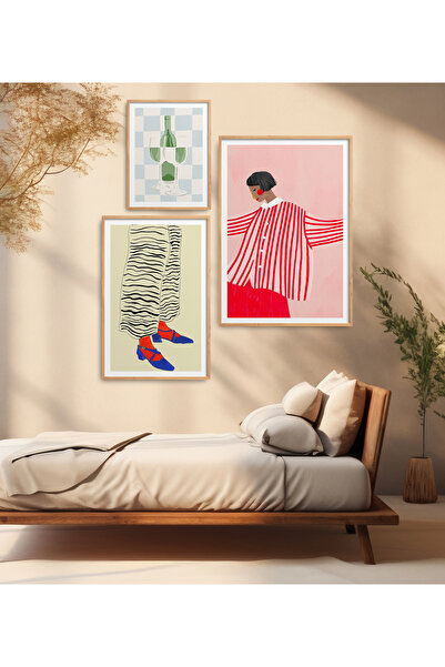 HOMEPACK 3'lü Çerçeveli Çizgili Kadın Tablo Seti Poster Tablo YN0101