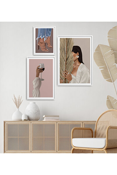 HOMEPACK 3'lü Çerçeveli Şarap, Kadın, Ayakkabı Tablo Seti Poster Tablo YN0102
