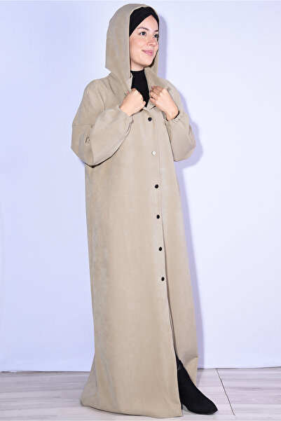 Nowa Scarf Çıtçıtlı Dik Yaka Şapkası Düğmeli Pardesü Kaban Bej