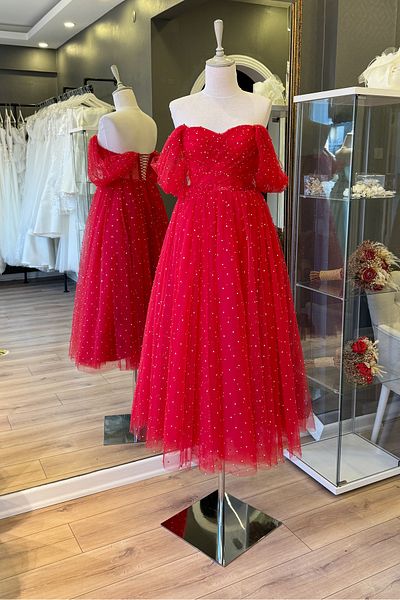 Lenta Moda Red Pearl and Shining Stones Midi Length Draped Transparent Evening Dress and Evening Gown