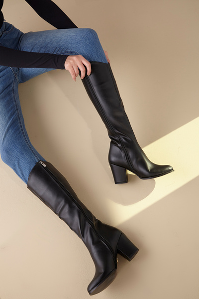 AYAKKABI PRENSİ Zeyna Black Matte 8 cm Women's Boots, Heeled Boots