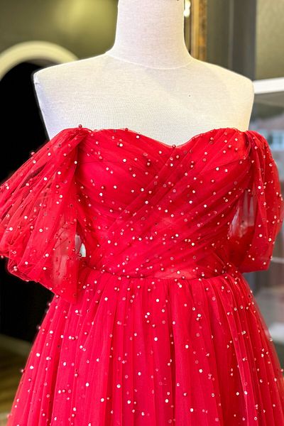 Lenta Moda Red Pearl and Shining Stones Midi Length Draped Transparent Evening Dress and Evening Gown